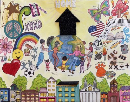 What Home Means to Me 2024 calendar cover shows a girl pointing at all the things that are home to her. 
