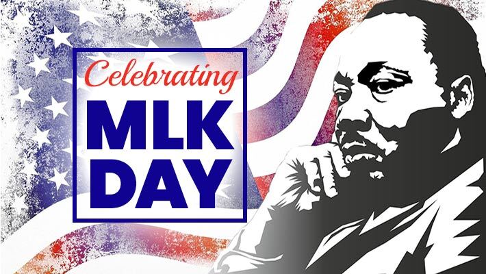 Celebrating MLK Day is written on top of an American flag; Martin Luther King, Jr. is to the right resting his face in his hand. 