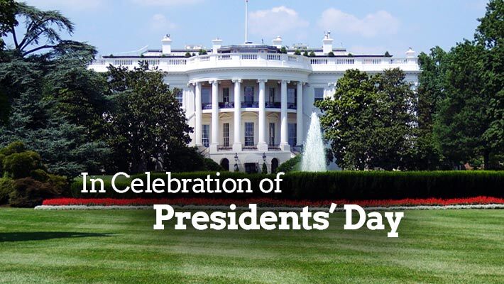In Celebration of Presidents' Day is written underneath the United States capitol building.
