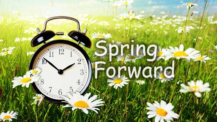 Spring Forward. An alarm clock is sitting on a field of daisies.