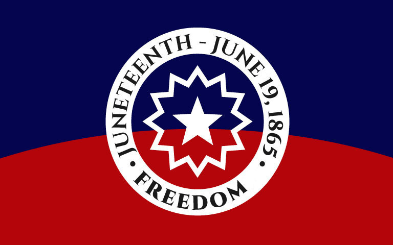 Juneteenth flag with writing that says: Juneteenth. June 19, 1865. Freedom. 