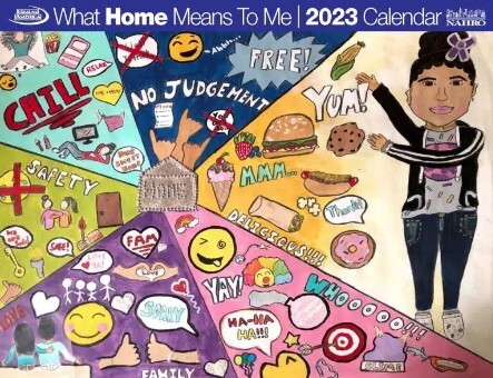 What Home Means to Me 2023 calendar cover shows a girl pointing at all the things that are home to her. 