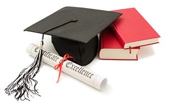 Graduation cap, books, and diploma.